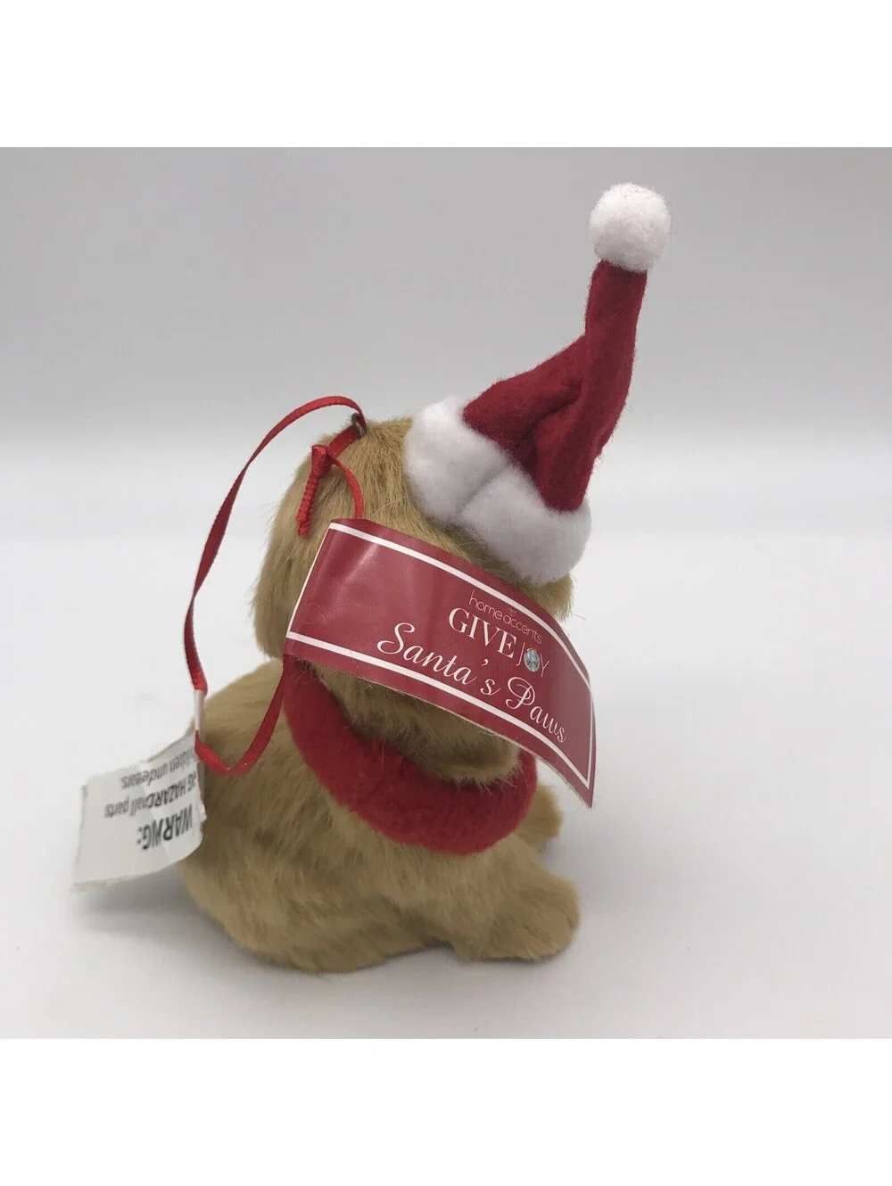 Santa Paws Furry Dog With Santa Hat Christmas Ornament  5” With Bell Collar